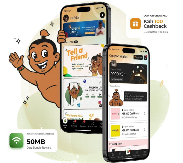 Stahili app showing survey rewards and cashback features
